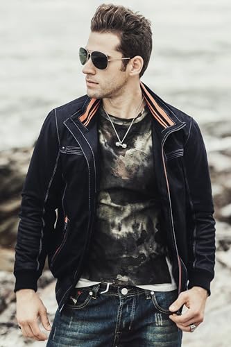 FLAVOR Herren Echtes Leder Lederjacke Stehkragen Jacken (M, Blau) - 3