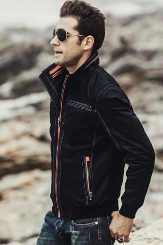 FLAVOR Herren Echtes Leder Lederjacke Stehkragen Jacken (M, Blau) - 4