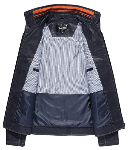 FLAVOR Echtes Leder Herren Lederjacke Stehkragen Blau Lässig (3XL, Blau) - 3