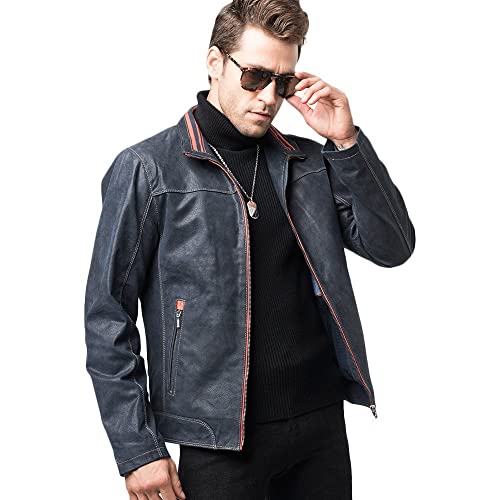 FLAVOR Echtes Leder Herren Lederjacke Stehkragen Blau Lässig (3XL, Blau) - 4