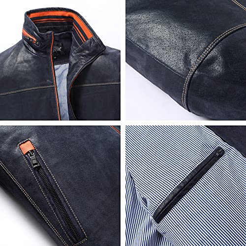 FLAVOR Echtes Leder Herren Lederjacke Stehkragen Blau Lässig (3XL, Blau) - 5