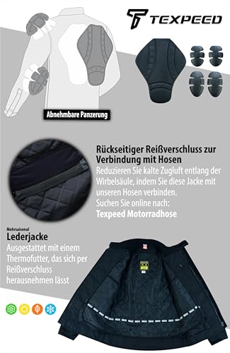 Texpeed Motorrad lederjacke herren mit protektoren - Schwarz Winter/Sommer Gesteppt echtleder Bikerjacke - Motorrad mit original biker rüstung gepanzert (EN 1621-1) Schutz XL - 4