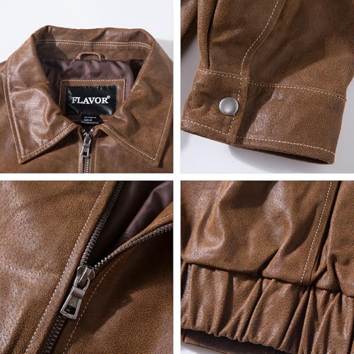 FLAVOR Herren Echte Lederjacke Warmer Stehkragen Winterjacke Braun (2XL, Braun) - 4
