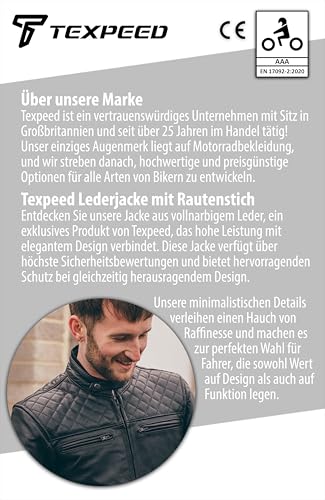 Texpeed Motorrad lederjacke herren mit protektoren - Leder mit Rautensteppung - Motorrad Mit Original Biker Rüstung (EN 1621-1) Schutz Schwarz - 5XL - 2