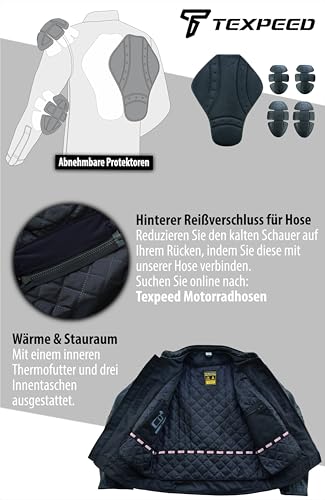 Texpeed Motorrad lederjacke herren mit protektoren - Leder mit Rautensteppung - Motorrad Mit Original Biker Rüstung (EN 1621-1) Schutz Schwarz - 5XL - 4