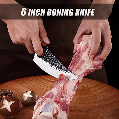 ZQD 6-Zoll Japanisches Messer mit Lederhülle,Geschmiedetes Kochmesser Küchenmesser mit Fingerloch Holzgriff,Scharfes Ausbeinmesser Outdoor Hackmesser für Gemüse und Fleisch - 2