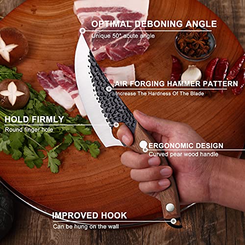 ZQD 6-Zoll Japanisches Messer mit Lederhülle,Geschmiedetes Kochmesser Küchenmesser mit Fingerloch Holzgriff,Scharfes Ausbeinmesser Outdoor Hackmesser für Gemüse und Fleisch - 3