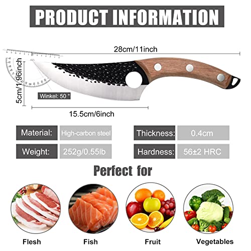 ZQD 6-Zoll Japanisches Messer mit Lederhülle,Geschmiedetes Kochmesser Küchenmesser mit Fingerloch Holzgriff,Scharfes Ausbeinmesser Outdoor Hackmesser für Gemüse und Fleisch - 6