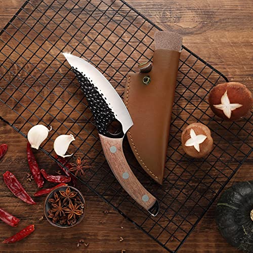ZQD 6-Zoll Japanisches Messer mit Lederhülle,Geschmiedetes Kochmesser Küchenmesser mit Fingerloch Holzgriff,Scharfes Ausbeinmesser Outdoor Hackmesser für Gemüse und Fleisch - 7
