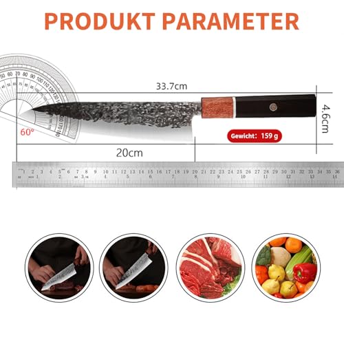 Plys Japanisches Messer Scharf Küchenmesser: Profi Kochmesser 20 cm High Carbon Edelstahl Fleischmesser Küchen Schneidemesser - 6