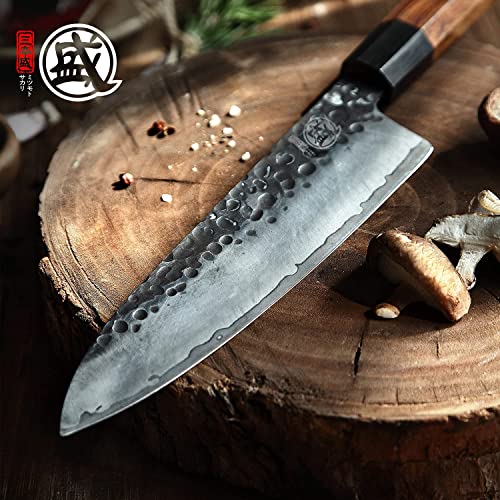 MITSUMOTO SAKARI Handgeschmiedetes Küchenmesser, 22 cm Gyuto Kochmesser, Hochkohlenstoffstahl Stahl japanisches küchenmesser (Rosenholzgriff und Boutique Holzkiste) - 7
