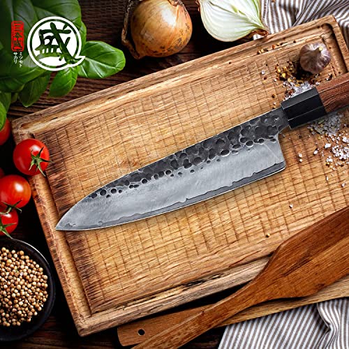 MITSUMOTO SAKARI Handgeschmiedetes Küchenmesser, 22 cm Gyuto Kochmesser, Hochkohlenstoffstahl Stahl japanisches küchenmesser (Rosenholzgriff und Boutique Holzkiste) - 8