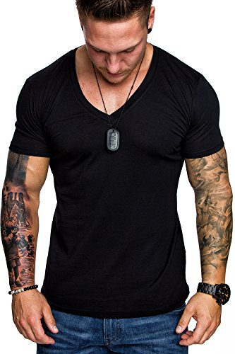 Amaci&Sons Oversize Herren Slim-Fit V-Neck Basic T-Shirt V-Ausschnitt 1-0006 Schwarz L - 2