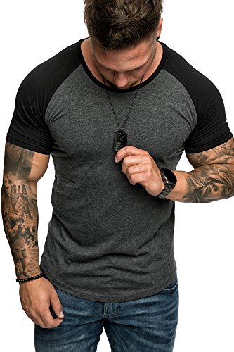 Amaci&Sons Oversize Doppel Farbig Herren Slim-Fit Crew Neck Basic T-Shirt Rundhals 1-0015 Anthrazit/Schwarz M - 2
