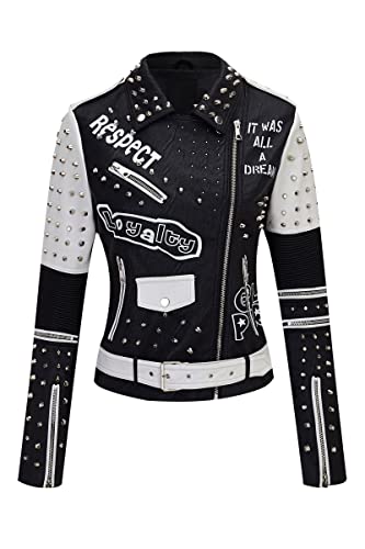 Giolshon Damen Kunstleder Jacke Nieten Floral Moto Biker Kurzer Revers Mantel 0376 Schwarz L - 2