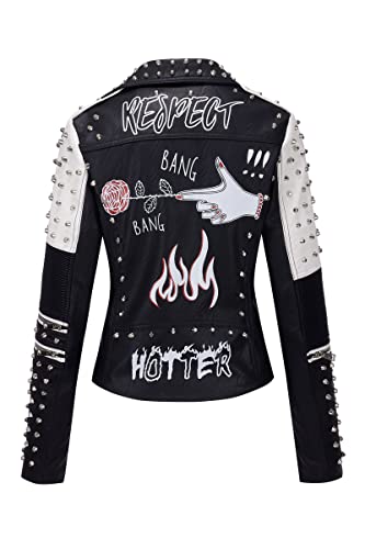 Giolshon Damen Kunstleder Jacke Nieten Floral Moto Biker Kurzer Revers Mantel 0376 Schwarz L - 3