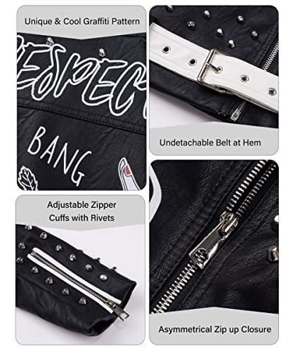 Giolshon Damen Kunstleder Jacke Nieten Floral Moto Biker Kurzer Revers Mantel 0376 Schwarz L - 4