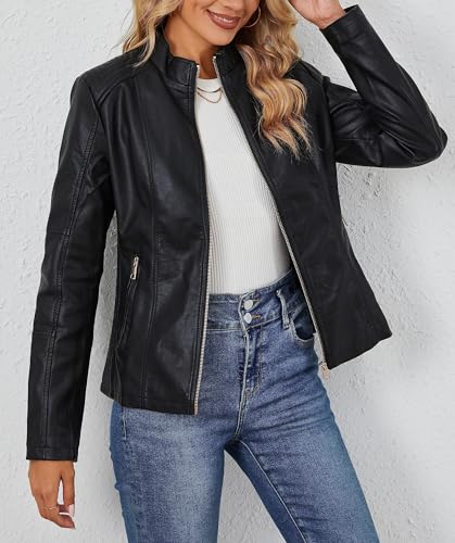 Giolshon Kunstlederjacken für Damen Motorrad Herbst Kleidung Mantel PU37 Schwarz XL - 2