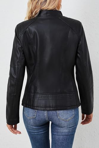 Giolshon Kunstlederjacken für Damen Motorrad Herbst Kleidung Mantel PU37 Schwarz XL - 4