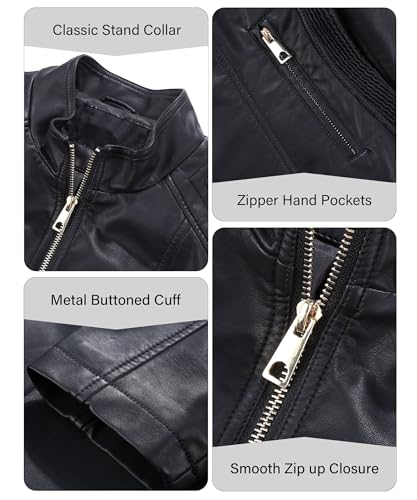 Giolshon Kunstlederjacken für Damen Motorrad Herbst Kleidung Mantel PU37 Schwarz XL - 5
