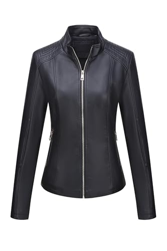 Giolshon Kunstlederjacken für Damen Motorrad Herbst Kleidung Mantel PU37 Schwarz XL - 7
