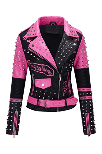 Giolshon Damen Kunstleder Jacke Nieten Floral Moto Biker Kurzer Revers Mantel 0376 Rosa 3XL - 2