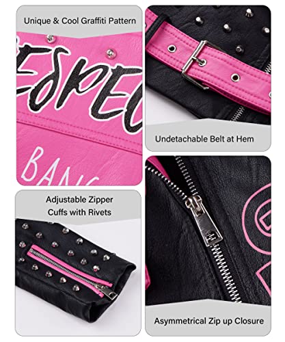 Giolshon Damen Kunstleder Jacke Nieten Floral Moto Biker Kurzer Revers Mantel 0376 Rosa 3XL - 4