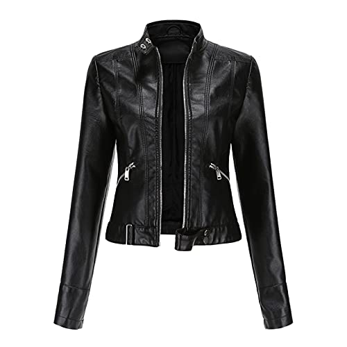 Lederjacke Damen Schwarz Biker - Damen-Jacken Softshell - Übergangsjacke Xxl Jacke Übergangsjacke Kurze Lederjacken Kunstleder Bomberjacke Casual Mit Reißverschluss Coat Bikerjacke - 2