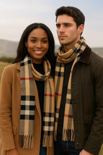 KARMA.DIEM Karierter Schal - Angenehm Weich - Schal kariert für Damen und Herren - Perfekt für Herbst und Winter 35x180cm (beige) - 2