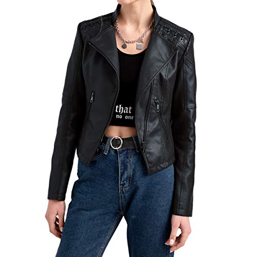 YYNUDA Lederjacke Damen Kurz Bikerjacke Reverskragen Motoradjacke Leder Jacke Übergangsjacke für Frühling Herbst（Schwarz XXL） - 7
