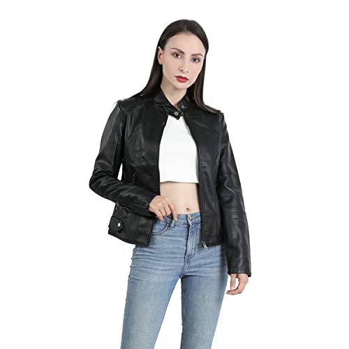YYNUDA Lederjacke Damen Kurz Jacke Übergangsjacke aus Kunstleder mit Reißverschluss für Herbst（Schwarz S） - 3