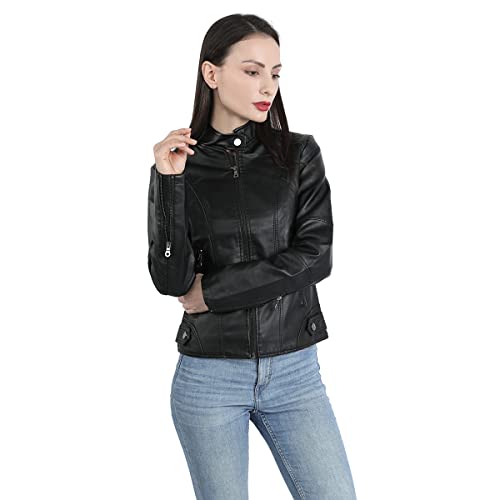 YYNUDA Lederjacke Damen Kurz Jacke Übergangsjacke aus Kunstleder mit Reißverschluss für Herbst（Schwarz S） - 4