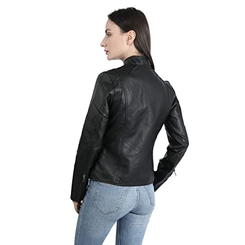 YYNUDA Lederjacke Damen Kurz Jacke Übergangsjacke aus Kunstleder mit Reißverschluss für Herbst（Schwarz S） - 5