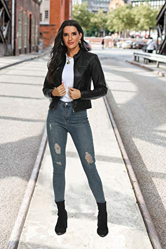 Fahsyee Damen Kunstlederjacke, Moto Biker Lederjacke Antik-fertige Schlanke Vegane Reißverschlussjacke Schwarz, Größe S - 5