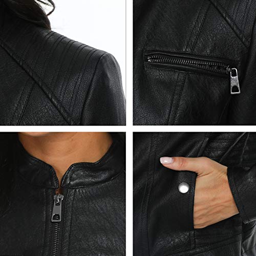 Fahsyee Damen Kunstlederjacke, Moto Biker Lederjacke Antik-fertige Schlanke Vegane Reißverschlussjacke Schwarz, Größe S - 6