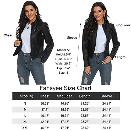 Fahsyee Damen Kunstlederjacke, Moto Biker Lederjacke Antik-fertige Schlanke Vegane Reißverschlussjacke Schwarz, Größe S - 7