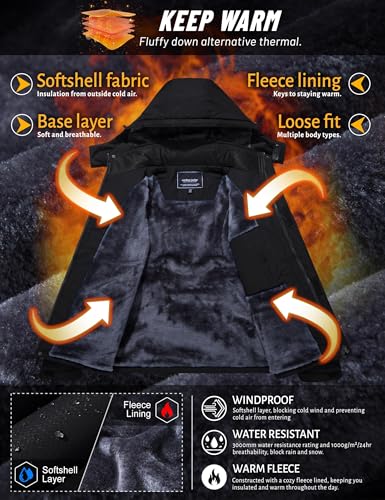 TACVASEN Herren Winterarbeitsjacken Outdoorjacke Snowboardjacke Warme Verdickete Winterjacke Kapuzenjacke für Männer, Schwarz, XL - 3