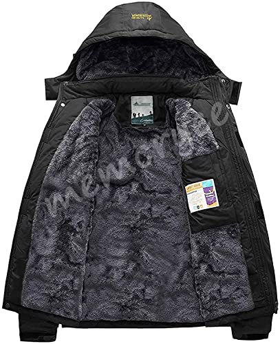 Memoryee Herren Ski Jacke Warmer Gefüttert Winter Fleece Mantel Wasserdichter mit Abnehmbarer Kapuze Outdoorjacke/Black/L - 2