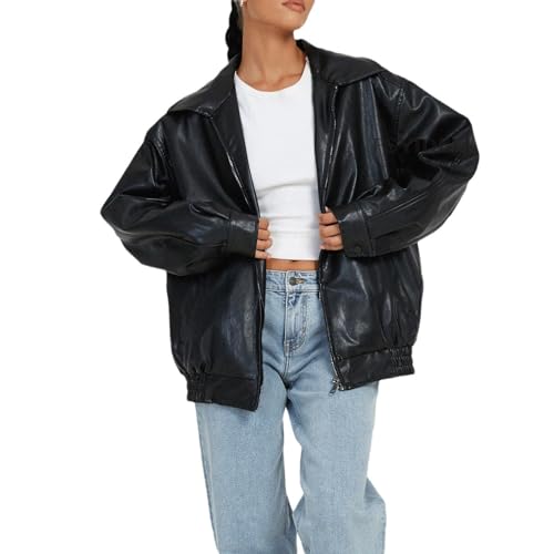 Lederjacke Damen Oversized - Motorradjacke Lederoptik Softshelljacke Winddicht Übergangsjacke Reverskragen Sweatjacke Hip Hop Bikejacke Festlich Damenjacken Aesthetic Streetwear (Black, L) - 3