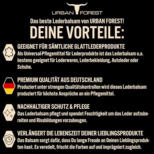 URBAN FOREST Lederpflege mit Bienenwachs & Avocado-Öl 250ml für Auto Sofa Couch Möbel Jacke Motorradbekleidung Handtaschen Ledercouch Schuhe Sattel für Pferde Lederfett - Premium Leder Balsam - 5