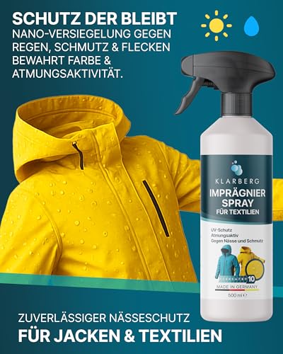 KLARBERG Textil Imprägnierspray Jacke - Atmungsaktive Imprägnierung für Funktionstextilien und synthetische Stoffe - Von Jacken und Polstermöbel bis hin zu Teppich und Outdoor Kleidung (2X 500 ml) - 2