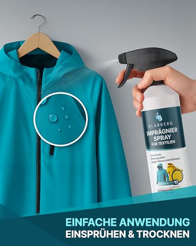 KLARBERG Textil Imprägnierspray Jacke - Atmungsaktive Imprägnierung für Funktionstextilien und synthetische Stoffe - Von Jacken und Polstermöbel bis hin zu Teppich und Outdoor Kleidung (2X 500 ml) - 3