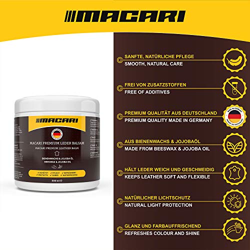 Macari Lederpflege 500ml Balsam + 500ml Reiniger + 2 Schwamm + Lederbürste Premium Leder Lederreiniger Set Bienenwachs für Ledercouch Auto Möbel Jacke Kleidung Sofa Handtasche Schuhe Sattel Lederfett - 3