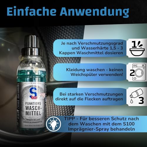 DR. WACK S100 Funktions-Waschmittel 300 ml - Flüssiges Waschmittel für Motorradbekleidung - schonende Reinigung ab 20°C - Geruchsentferner für Leder & Textil - Hochwertige Motorradpflege - 3