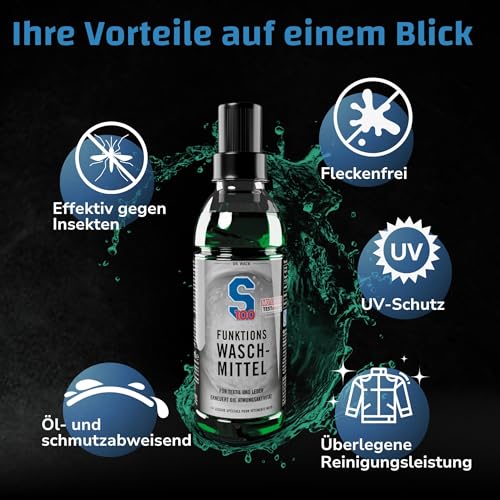 DR. WACK S100 Funktions-Waschmittel 300 ml – Flüssiges Waschmittel für Motorradbekleidung – schonende Reinigung ab 20°C – Geruchsentferner für Leder & Textil – Hochwertige Motorradpflege - 5