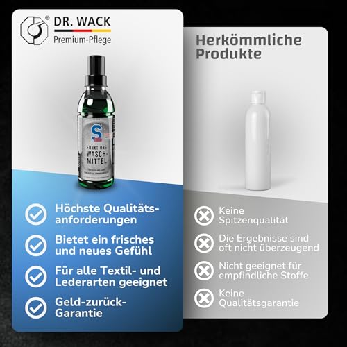 DR. WACK S100 Funktions-Waschmittel 300 ml – Flüssiges Waschmittel für Motorradbekleidung – schonende Reinigung ab 20°C – Geruchsentferner für Leder & Textil – Hochwertige Motorradpflege - 6
