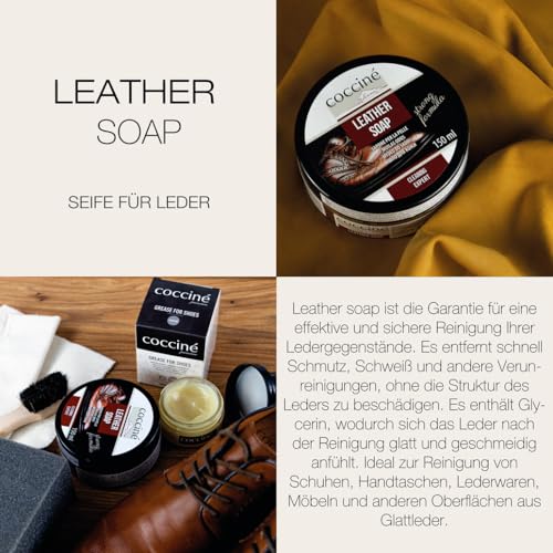 Coccine - Lederseife, Leder Seife für Reinigung von Lederschuhen, Spezialseife für Leder Schuhen, Schuh und Lederreinigung, Lederreiniger, Leather Soap für Glattleder, Leder-Reinigungsseife- 150ml - 2