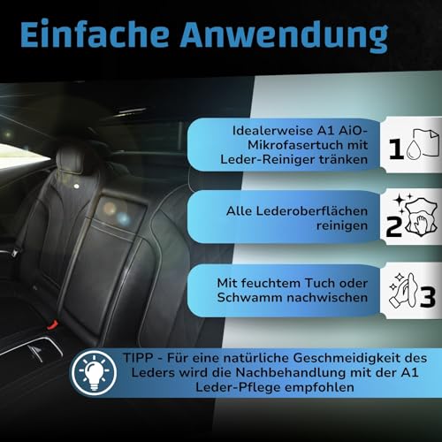 DR. WACK - A1 Lederreiniger für Auto 250 ml - porentiefe & schonende Reinigung Autoinnenraum - gründliche Entfernung von Schmutz & Flecken - für Glatt- & Kunstleder - Hochwertige Autopflege - 3