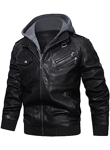 HOOD CREW Lässige Biker Lederjacke aus Kunstleder für Herren mit abnehmbarer Kapuze - 2