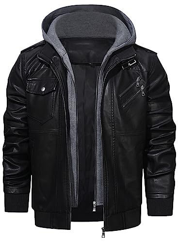 HOOD CREW Lässige Biker Lederjacke aus Kunstleder für Herren mit abnehmbarer Kapuze - 3